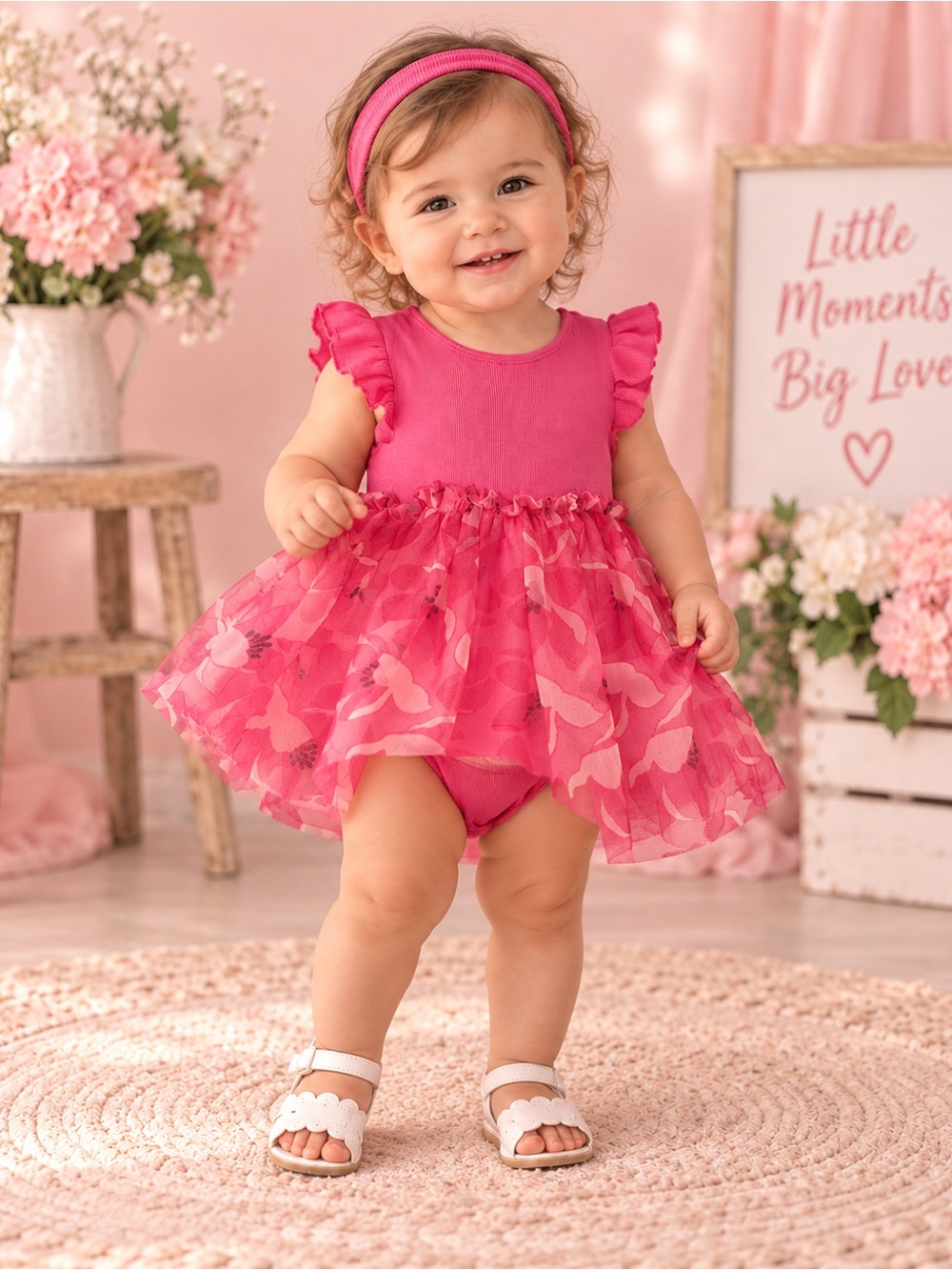 Addison Layne 18M Hot Pink Floral Dress w Attached Onesie & Headband